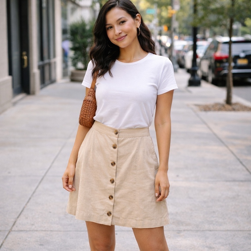 J. Crew Tan Button-Down Light Academia Flared Linen Blend Mini Skirt Size 12
